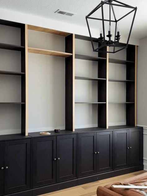 DIY Ikea Built-Ins Hack - Love Letters Billy Bookcase Half Wall, Billy Bookcase Tv Hack, Ikea Shelf Built In Hack, Diy Built In Book Shelves, Black Painted Built Ins Bookcases, Billy Bookcase Mudroom Hack, Painted Cabinets Living Room, Tall Bookshelf Makeover, Diy Ikea Bookcase Built In