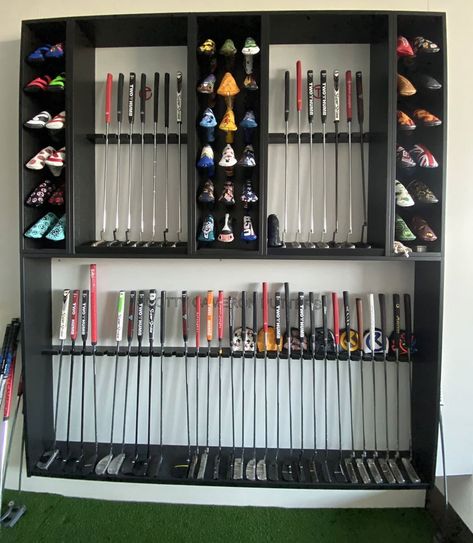 Golf Collection Display, Golf Club Rack Storage, Golf Equipment Storage, Golf Storage, Simulator Room, Backyard Golf, Golf Simulator Room, Scotty Cameron Putter, Golf Room