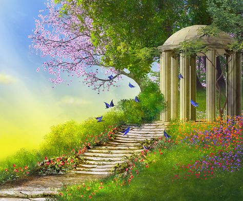 Gazebo Illustration, Fantasy Gazebo, Flower Hill, Stone Stairs, Bathroom Guest, Power Room, Rugs Bathroom, Shower Curtain Decor, Shower Curtain Set