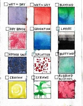 Example sheet of 12 different watercolor techniques. Worksheet is great as a reference for students that need a visual at their desk or a check-off list. Perfect for a one-day in class watercolor exploration activity. Included is a blank watercolor swatches worksheet IF you have the ability to prin... Watercolor Worksheet, Watercolor Swatches, Explorers Activities, Messy Art, Watercolor Tips, Watercolor Lessons, Watercolor Projects, Watercolor Painting Techniques, Cat Air