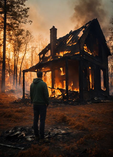 Burned Book Aesthetic, House Burnt Down, Burnt House Aesthetic, Burnt Forest, Trees Silhouette, Buildings Artwork, Pine Tree Silhouette, Burning House, Dramatic Photos