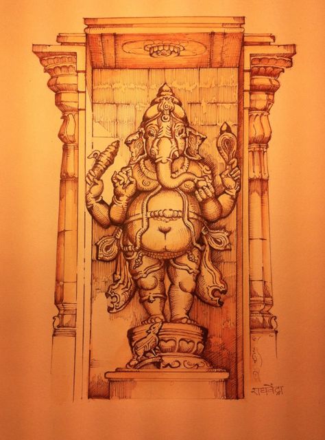 Vinayaka as seen in the Deva Goshta (niche) at Subramanya shrine inside the Brihadeeshwarar Temple - Thanjavur. Found my lost Mojo!  Sta... Vinayaka Paintings, Temple Drawing, Historical Sculptures, Ganesha Drawing, Ancient Drawings, Indian God, Animal Illustration Art, Lord Ganesha Paintings, Ganesh Art