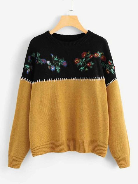 Floral Embroidered Two Tone Sweater | SHEIN USA Bee Clothes, Sweater Designs, Tokyo Street Fashion, Clothes Aesthetic, Grunge Look, Embroidered Sweater, Flower Applique, Grunge Style, Sweater Weather