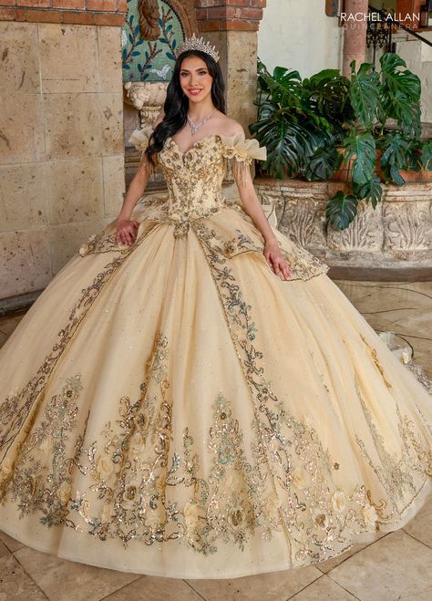 Sparkle under the stars in this 3D floral applique long off the shoulder corset dress with A-line skirt by Rachel Allan RQ3137. This fabulous quinceañera gown is a stunning spectacle of bold and gold, designed to captivate and enchant. The dress features a bold fabric with luxurious gold embroidery that embellishes the entire gown, creating a regal and opulent appearance. The sweetheart neckline is framed by delicate off-the-shoulder sleeves, adding a touch of romance and sophistication. The vol Off The Shoulder Corset Dress, Yellow Quinceanera Dress, Dama Dresses Quinceanera, 1500 Dresses, Bold Fabric, Quinceanera Themes Dresses, Quinceañera Ideas, Dama Dresses, Pretty Quinceanera Dresses