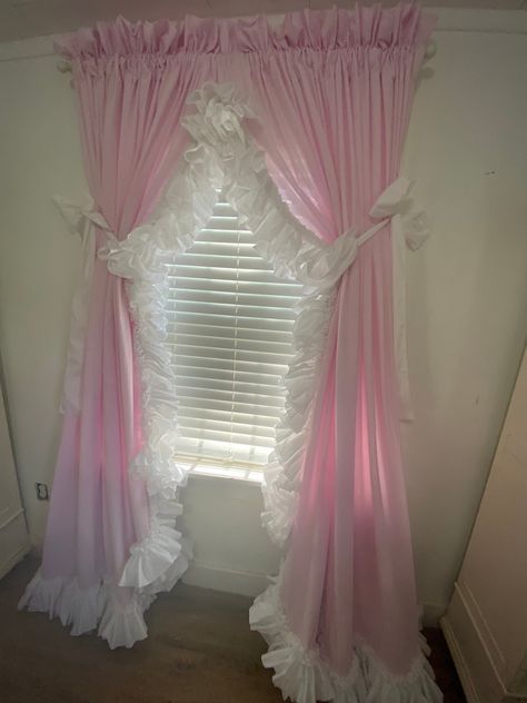 this is a Priscilla type curtain made of pink seersucker with white double ruffles and white bows. Price is for any length. Just leave a note telling me the finished length you need from the rod down. Pink Princess Canopy Bed, Curtain Aesthetic Room, Cute Window Curtains, White And Pink Room Ideas, Cute Curtain Ideas, Cute Pink Decor, Silver And Pink Bedroom, Pink Rooms Ideas, Kawaii Curtains