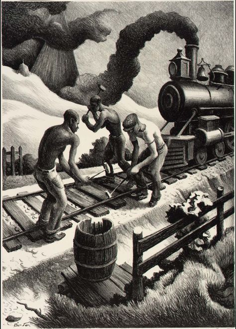 POUL WEBB ART BLOG: Thomas Hart Benton - part 3 lithographs Figure Composition, Thomas Hart Benton, Working Men, Art Thomas, The Barnyard, Train Art, National Gallery Of Art, Working Class, Art Auction