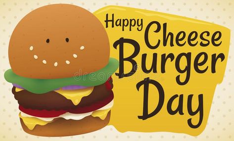 Smiling Cheeseburger Ready To Celebrate Its Day National Cheeseburger Day, Smiling Expression, Celebration Illustration, Sesame Seed, Sesame Seeds, Mayonnaise, Cheeseburger, Lettuce, Stock Vector