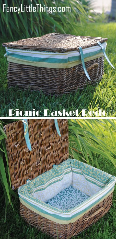 a Picnic for 2 & a basket makeover #FancyLittleThings.com :: this used to be one of my favorite gifts to give to couples and yay, a makeover idea! Picnic Basket Makeover, Picnic Basket Diy, Picnic For 2, Simple Picnic, Pillow Princess, Basket Makeover, Vintage Picnic Basket, Picnic Hamper, Old Baskets