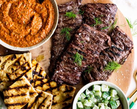 Skirt Steak with Romesco & Yogurt-Marinated Cucumbers - The Original Dish Mediterranean Skirt Steak, The Original Dish, Grilled Flatbread, Grilled Skirt Steak, Marinated Cucumbers, Romesco Sauce Recipe, Romesco Sauce, Steak Marinade, Family Eating