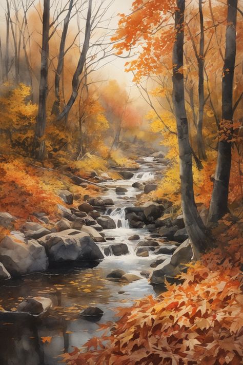 Autumn Scenery Landscape, Fall Mountain Painting, Autumn Forest Painting, Fall Landscapes, Autumn Landscape Painting, Beautiful Paintings Of Nature, Fall Landscape Painting, Autumn Waterfalls, Fall Canvas Painting