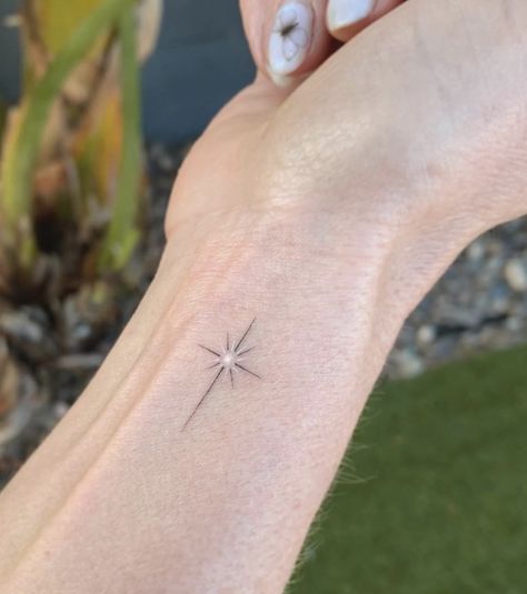 North Star Wrist Tattoos For Women, Cross Star Tattoo, Black And White Star Tattoo, 8 Pointed Star Tattoo Bryce, Polar Star Tattoo, 5 Star Tattoo, North Star Tattoos, Feminine Cross Tattoo, Cross Tattoos For Women