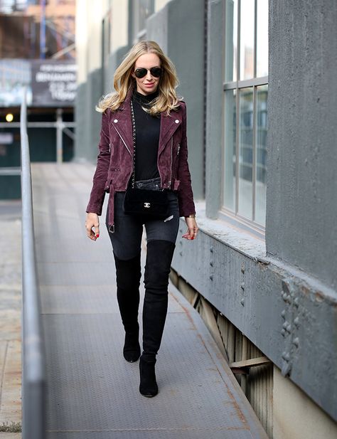 Jacket Ideas For Women, Suede Moto Jacket Outfit, Burgundy Jacket Outfit, Suede Jacket Outfit, Moto Jacket Outfit, Brooklyn Blonde, Burgundy Leather Jacket, Jacket Ideas, Suede Biker Jacket