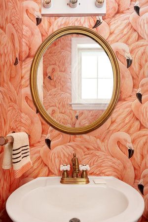 Bold Bathroom, Powder Room Wallpaper, Statement Wallpaper, Flamingo Wallpaper, Decor Baie, Bold Wallpaper, Bird Wallpaper, Bathroom Wallpaper, Retro Home Decor