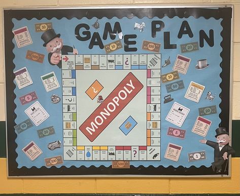 Game Show Bulletin Board Ideas, Board Games Door Decorations, Money Bulletin Board, Monopoly Ra Theme, Monopoly Bulletin Board, Leasing Goal Board, Breakroom Ideas, Monopoly Theme, Board Game Themes