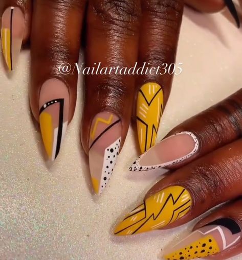 Rich Lady Nails, Fall Nail Designs Stiletto Shape, Mustard Yellow Nails Designs, African Nail Art, Caribbean Nails, African Nails, Mustard Nails, Lavish Nails, Nail Art Diy Easy