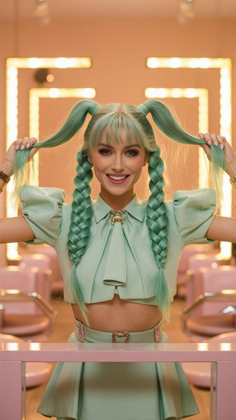 Make a statement with pastel mint green braids. This fun and playful hairstyle adds a pop of color to your look. #PastelHairColor #MintGreenHair #BraidedHair Green And Blonde Hair, Green Braids, Pastel Hair Colors, Mint Green Hair, Pastel Mint Green, Mint Hair, Hair Color Pastel, Olive Skin, Pastel Mint