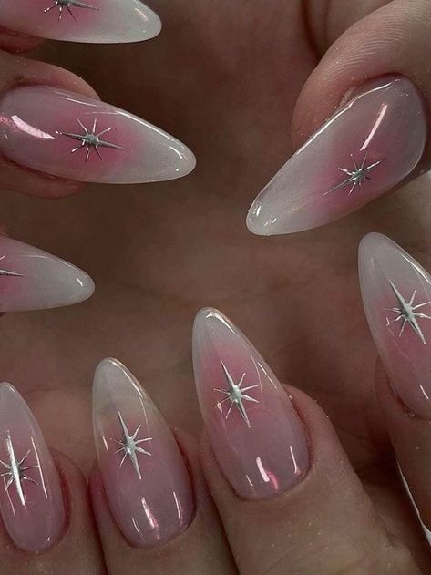 Blush Nails Korean Pink, Almond Nails Asian Style, Blush Nail Ideas, Korean Almond Nails Designs, White And Pink Nails With Designs, No Design Nails, Winter Korean Nails, Nail Design With Charms, Nails Inspiration Korean