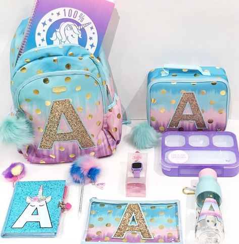 Initial Back to school set | Justice Justice School Supplies, School Necessities, Justice Clothing Outfits, Justice Backpacks, School Suplies, Sanrio Bag, Cute Mini Backpacks, Barbie Birthday Party, Neon Room