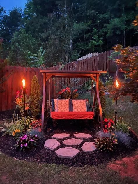 Outdoor Lawn Lighting Ideas, Cute Small Porch Ideas, How To Create Shade In Backyard, Diy Landscaping Ideas On A Budget, Corner Yard Landscaping Ideas Backyards, Outdoor Swing Ideas, Hammock Ideas Backyard, Wooded Yard, Backyard Diys