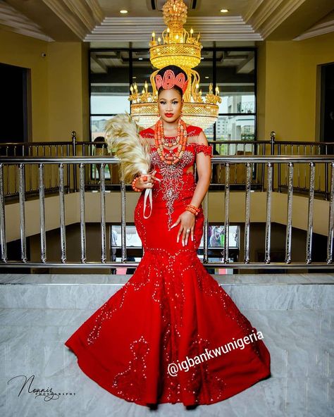 Nigerian Traditional Dresses, Nigerian Wedding Dresses Traditional, Mixed Wedding, Edo Brides, Igbo Traditional Wedding, African Gowns, African Couture, Nigerian Wedding Dress, African Bridal Dress