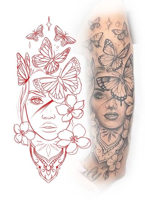 Half Sleeve Tattoo Template, Half Sleeve Tattoo Stencils, Unique Half Sleeve Tattoos, Half Sleeve Tattoos, Half Sleeve Tattoos Drawings, Girl Face Tattoo, Tattoo Outline Drawing, Tattoo Zeichnungen, Tattoo Templates