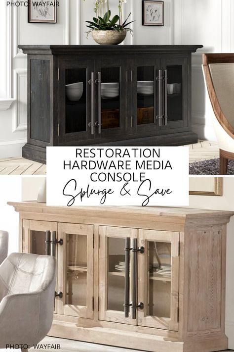 OMG this Restoration Hardware English Brass Bar Pull media unit dupe is everything! If you love furniture that looks like Restoration Hardware, you've got to see this TV stand copycat! It will give you the Restoration Hardware living room that you've always dreamed AND give you storage. #inspiration #copycat #knockoff #decor Restoration Hardware Media Console, Pottery Barn Media Console, Restoration Hardware Cloud Sofa, Restoration Hardware Living Room, Restoration Hardware Dining Room, Restoration Hardware Cloud, Restoration Hardware Look, Restoration Hardware Table, Pottery Barn Lighting