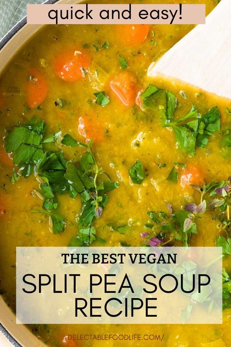 The Best Vegan Split Pea Soup Recipe with lots of veggies and fresh thyme. Easy to make and delicious every time! Soup season is when we eat creamy, healthy soups like split pea soup! In this recipe, split peas, carrots, celery, leeks, garlic, and fresh herbs are simmered to perfection. Split Pea Soup Recipe Vegetarian, Pea Soup Recipe Vegetarian, Split Pea Soup Vegetarian, Split Pea Recipes, Split Peas Soup, Vegan Split Pea, Green Peas Recipes, Vegan Split Pea Soup, Yellow Split Pea Soup