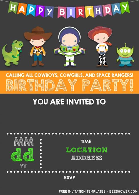 Toy Story Invitation Templates – Editable .DOCX | FREE Printable Baby Shower Invitations Templates Toy Story Party Invitations Free, Toy Story Birthday Party Invites, Toy Story Invitations Free Template, Baby Shower Invitations Templates, Story Invitation, Barbie Invitations, Birthday Invitation Cards, Toy Story Invitations, Birthday Party Invitations Free