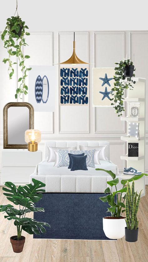 Coastal Room Decor Ideas, Costal Room Inspiration, Light Blue Room, Navy Room Decor, Comfy Room Ideas, Navy Room, Surf Room, White Room Decor, Aesthetic Bedroom Ideas