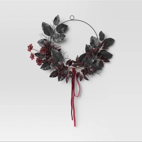 Nwt Threshold Halloween Black Wreath Leaf & Floral With Ribbon Witchy Goth New With Tag Kick Off The Fall Festivities With This Halloween Leaf And Floral Wreath From Threshold. This Dark-Colored Wreath Features Florals And Foliage Asymmetrically Arranged On A Ring Base With A Brown Trailing Ribbon At The Bottom. Suitable For Indoor Use, The Round Wreath Looks Perfect Hung On Your Front Door, Window, Fireplace Mantel, Wall Or Entryway. Halloween Leaf And Floral Wreath Soft Fabric Construction In Wreath Leaf, Window Fireplace, Black Halloween Wreath, Spooky Wreath, Black Wreath, Witchy Goth, Fall Festivities, Round Wreath, Top Rings