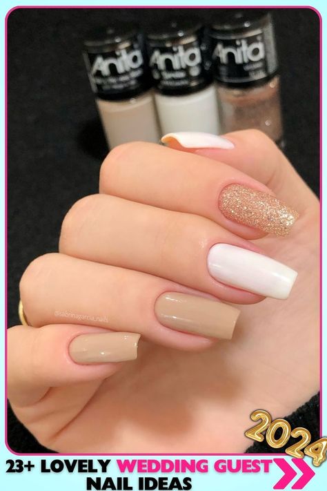 Beige and white acrylic nails with a glitter accent, medium length, pastel glossy finish. Sophisticated and festive, perfect for wedding guest nails. Ideal for those seeking a stylish yet simple look for weddings. Wedding Guest Nail, Fall Wedding Nails, Fingernail Polish, White Acrylic Nails, Fall Acrylic Nails, Animal Print Nails, Sophisticated Wedding, Manicure E Pedicure, Beauty And Lifestyle