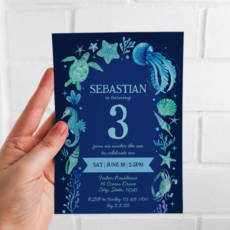 Sea Creatures Boy Birthday Party Invitation - birthday invitations Watercolor Ocean Animals, Under The Sea Watercolor, Horse Invitations, Summer Birthday Invitations, 82nd Birthday, Sea Watercolor, Diy Birthday Invitations, Sea Horses, Birthday Party Design