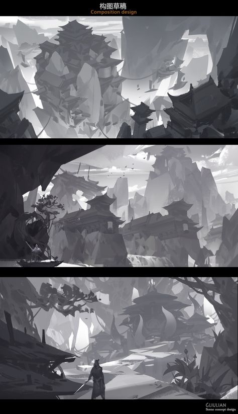 ArtStation - Composition design, G liulian Environment Sketch, Environment Painting, Concept Art Tutorial, Splash Art, Landscape Concept, 흑백 그림, Composition Design, Scene Design, Matte Painting