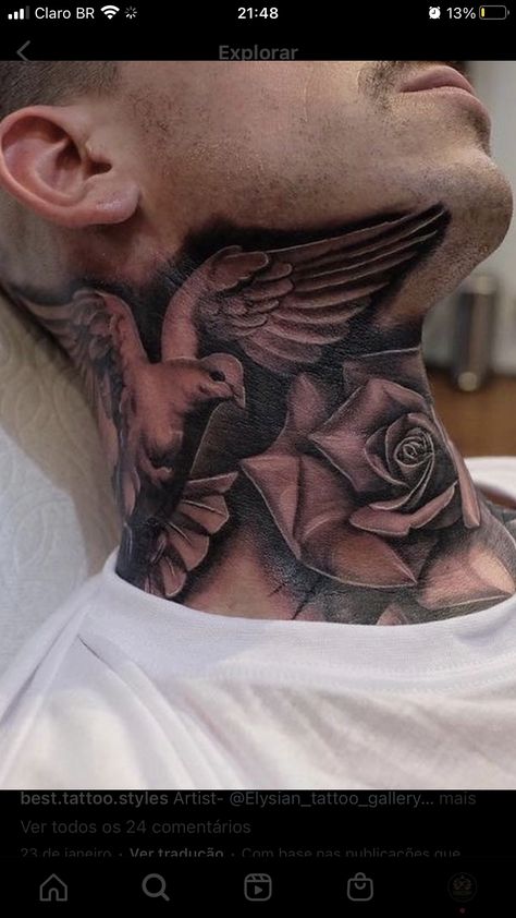 Full Throat Tattoo Men Design, Throat Tattoo Designs Men, Memorial Neck Tattoos For Men, Mens Front Neck Tattoos, Laurel Neck Tattoo, Full Neck Sleeve Tattoo, Men’s Throat Tattoos, Rose Throat Tattoo Men, Angel Neck Tattoo For Men