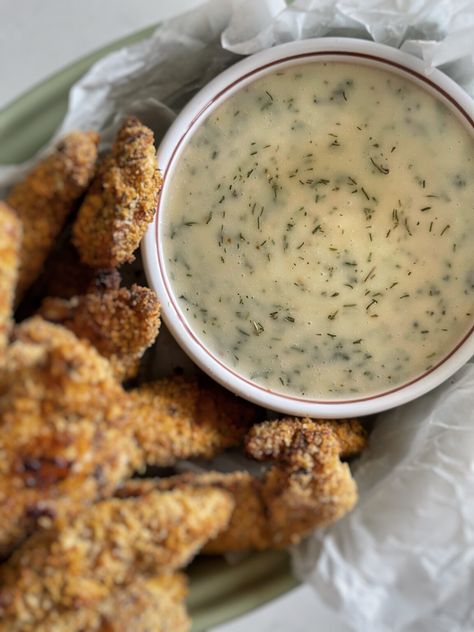 Crispy Baked Chicken Strips with Honey Dill Dip - Honey Dill Sauce, Crispy Chicken Strips, Chicken Strip, Baked Chicken Strips, Dill Chicken, Dill Dip, Crispy Baked Chicken, Dill Sauce, Creamy Dip