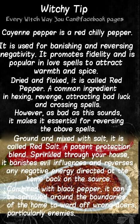 Magickal uses for Cayenne pepper. High John The Conqueror Root Spells, Every Witch Way, Hoodoo Spells, Witch Tips, Magickal Herbs, Witchy Tips, Witch Herbs, Witchcraft Spells, Wiccan Magic