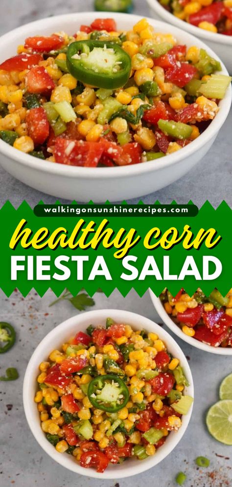 This Corn Fiesta Salad is an easy summer dessert packed full of crunchy frozen corn, vibrant peppers, and freshly grated Parmesan cheese! This delicious salad is super healthy and flavorful. Add this to your best 4th of July recipes! Fiesta Salad, Healthy Corn, 4th Of July Recipes, Easy Summer Dessert, Side Salad Recipes, July Recipes, Recipes With Few Ingredients, Walking On Sunshine, Easy Salad