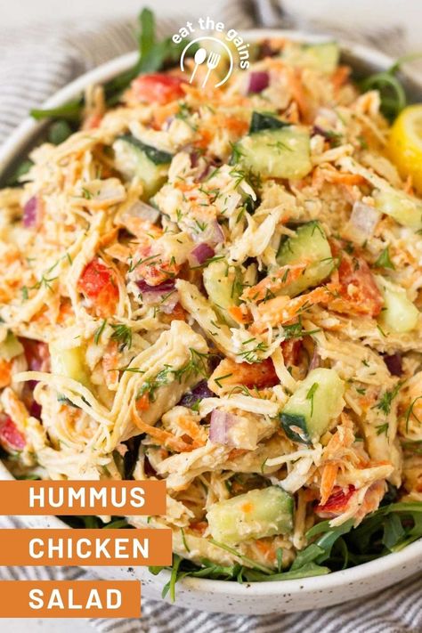 Salad With Hummus Dressing, Macro Friendly Chicken Salad, Hummus Chicken Salad, Beach Lunches, Hummus Lunch, Salad With Veggies, Hummus Chicken, Hummus Dressing, Hummus Salad