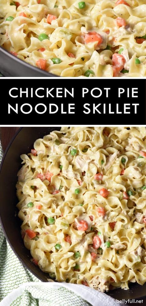 This Chicken Pot Pie Noodle Skillet is classic chicken pot pie transformed into a skillet dish with noodles instead of a crust. Easy delicious weeknight meal! #chickenpotpie #chickenpotpieskillet #chickenpotpienoodleskillet #potpie #skillet #recipe Chicken Pot Pie Noodle Skillet, Classic Chicken Pot Pie, Chicken Skillet, Skillet Dishes, Skillet Recipes, Think Food, Skillet Chicken, Idee Pasto Sano, Chicken Pot