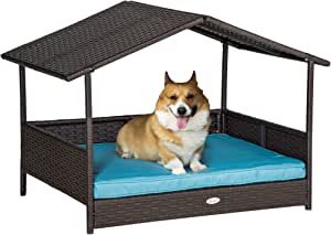 Amazon.com : PawHut Wicker Dog House Elevated Raised Rattan Bed for Indoor/Outdoor with Removable Cushion Lounge, Blue : Pet Supplies Dog Bed With Canopy, Dog House Outdoor, Wicker Dog Bed, Bed With Canopy, Raised Dog Beds, Outdoor Dog House, Outdoor Dog Bed, Rattan Bed, House Outdoor