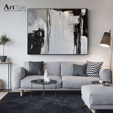 Black White And Grey Living Room, Black Living Room Decor, Abstract Wall Painting, Minimal Painting, Black Living Room, Texture Painting On Canvas, Grey Painting, Grey Wall Art, Grey Wall