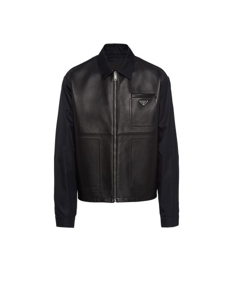 Leather front Regular fit Shirt collar Straight sleeves Zipper closure Concealed side pockets Buttoned cuffs Wide shoulders Straight hem Unlined Enameled metal triangle logo Prada Leather Jacket, Fashion Core, Mafia Boss, Wide Shoulders, Outdoor Jackets, Mens Outdoor Jackets, All Black Fashion, Stylish Hoodies, Buy List