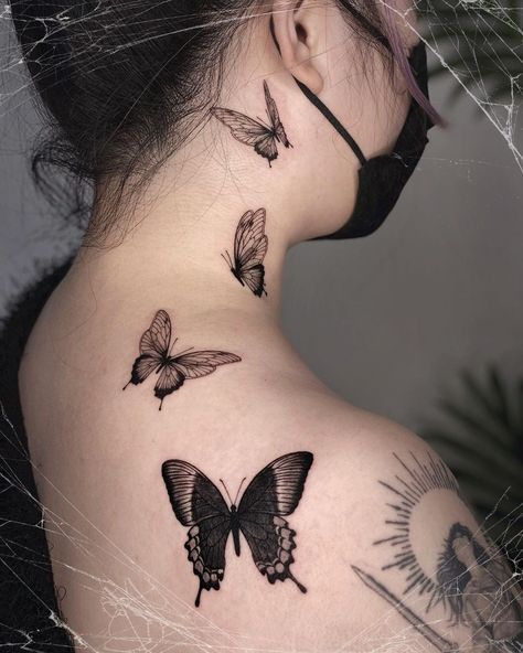 Tattoo Inspiration Butterfly Wing Tattoo, Butterfly Neck Tattoo, Witchcraft Tattoos, Tummy Tattoo, Black Butterfly Tattoo, Butterflies Tattoo, Shin Tattoo, Tattoos Inspiration, Neck Tattoos Women