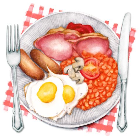 Watercolour Food Illustration. Fry-up, Full English Breakfast. English Breakfast Illustration, Watercolour Breakfast, Breakfast Drawing, Breakfast Shop, Watercolour Food, Watercolor Food Illustration, Anemone Bouquet, Full English Breakfast, Huevos Fritos