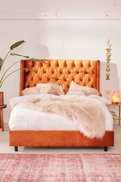 Charlotte Velvet Tufted Wingback Bed | Urban Outfitters Boho Orange, Trendy Apartment, Wingback Bed, Tufted Bed, Shabby Chic Room, Low Bed, Velvet Headboard, Eclectic Bedroom, Velvet Bed