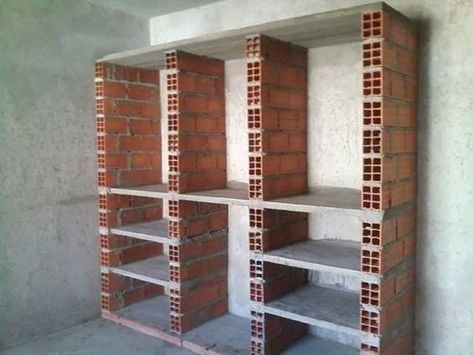 Concrete Closet, Brick Shelves, House Simple, Kitchen Cupboard Designs, Rustic Flower, In Front Of House, House Design Kitchen, Cupboard Design, Home Building Design