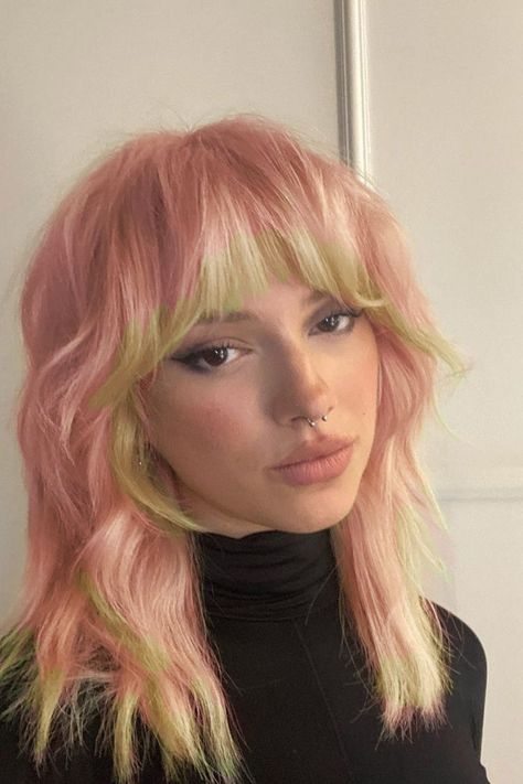 Gen Z Hairstyles Short, Pink Shag Haircut, Pisces Hair Color, Pixie With Extensions, Mia Maples Short Hair, Colorful Wolfcut, Light Pink Hair With Bangs, Quadrant Hair Color, Pink Hair Blonde Money Piece