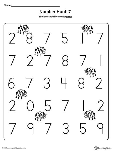 Number hunt preschool printable worksheet. Featuring number seven. Number Recognition Preschool, Preschool Math Curriculum, Preschool Counting Worksheets, Number Recognition Worksheets, Letter A Coloring Pages, 30 Number, Counting Activities Preschool, Number Seven, Numbers Kindergarten