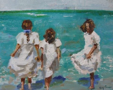 Three Sisters-young girls at the shore painting by artist Kay Crain Art Children, Daily Painters, Three Graces, Paintings Art, Art Organization, Three Sisters, National Art, Ocean Art, Beach Art