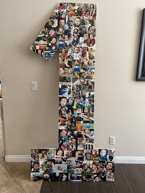 7ft tall #1 for 1st birthday! 1st Birthday Photo Board Ideas, Photo Display 1st Birthday, First Birthday Props, First Birthday Collage Ideas, Yearly Birthday Pictures, Giant 1 For Birthday Diy, First Birthday Must Do, Milestone Picture Ideas Birthday Parties, 1st Birthday Picture Display